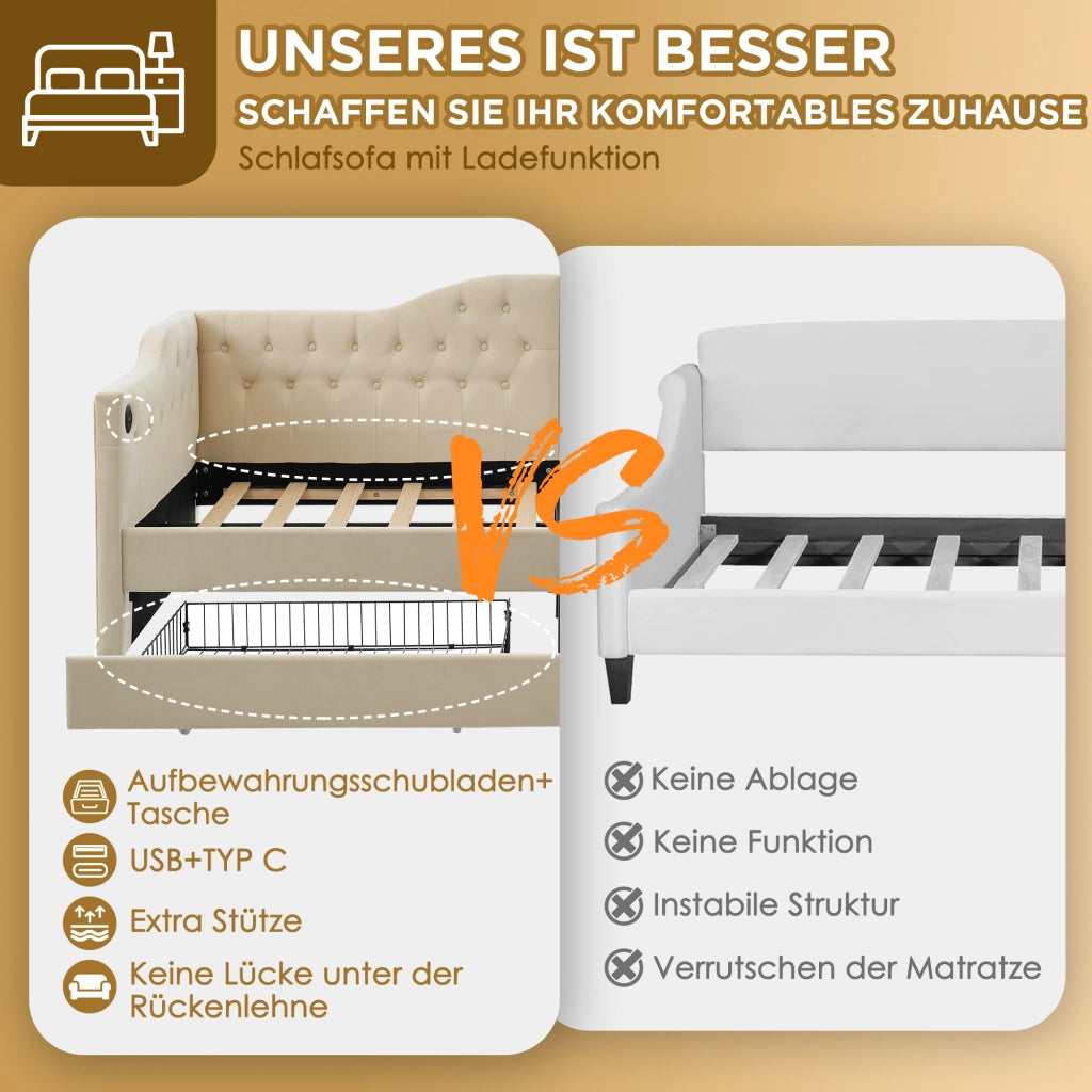 DESMIU Divano letto 90 × 200 cm 1 posto con 2 cassetti, USB, Type-C e senza materasso, in velluto beige