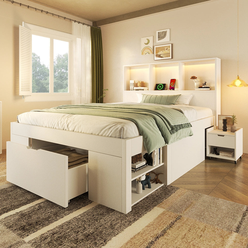 Letto Singolo con Cassetti e Comodino ¨C MINIMAL ¨C Bianco, Legno, LED, 90x200