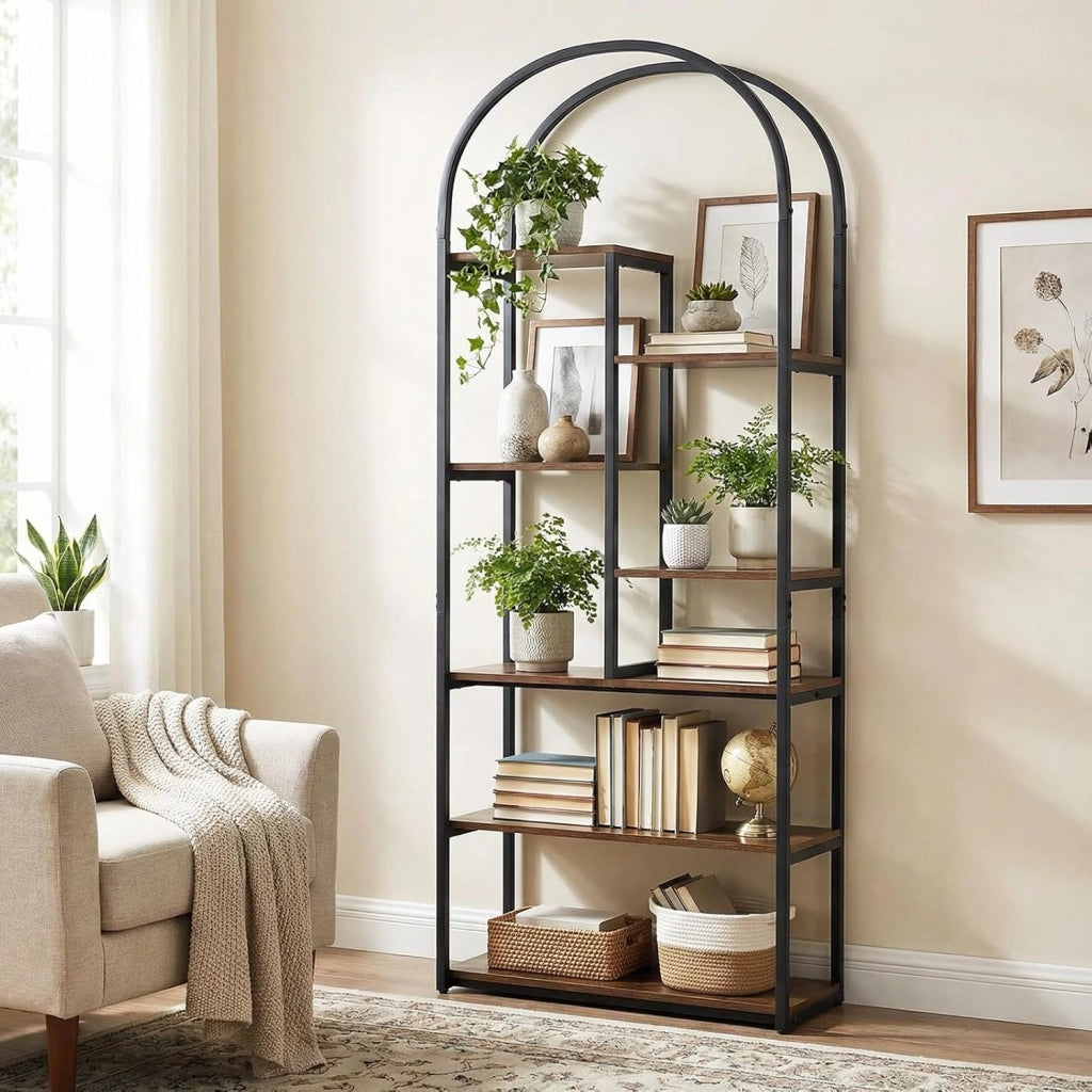 Libreria ad Arco, Libreria a 7 Ripiani Aperto con 2 kit Antiribaltamento e Piedini Regolabili, Scaffale Portaoggetti con Struttura in Legno, Espositore per Soggiorno Ufficio, 70x30x181,5 cm