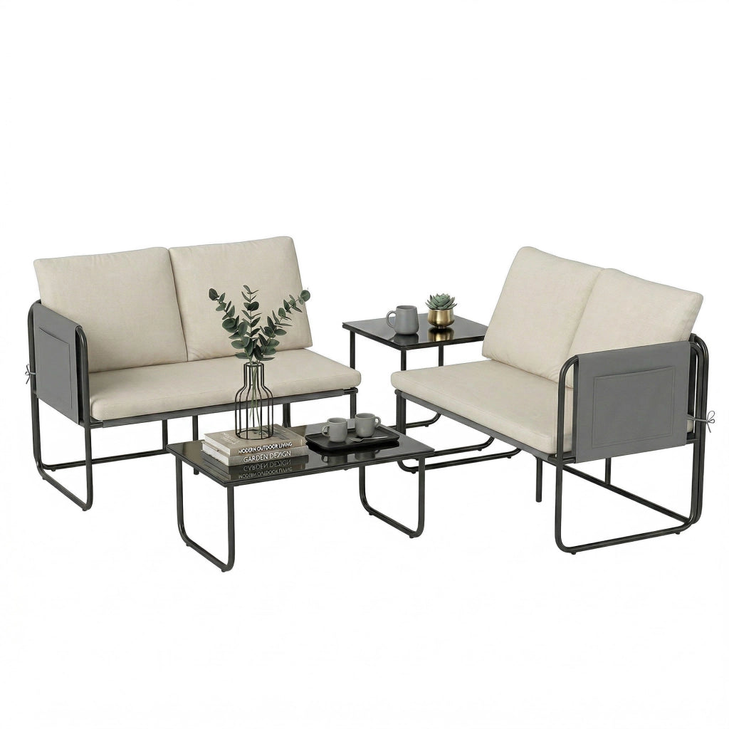 Set giardino esterno 4 pezzi ¨C zephmum ¨C 2 divani 2 posti 2 tavolini vetro cuscini copridivano caqui