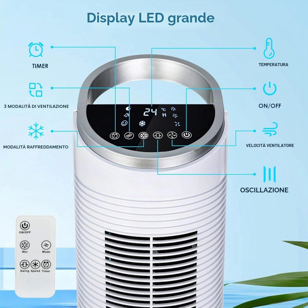 Ventilatore a Torre da 101 cm con Telecomando e Raffreddamento ad Acqua, Timer 8 Ore, Pulizia 4 In 1, con Raffreddamento, Umidificazione, Pulizia per Camera da Letto, Soggiorno, Ufficio