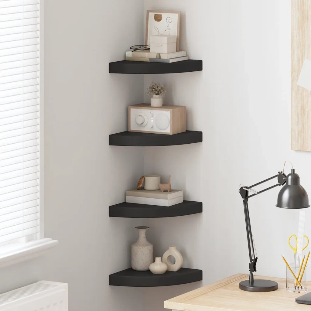 4 pz Scaffali Angolari a Parete | Mensola sospesa Neri 25x25x3,8 cm in MDF