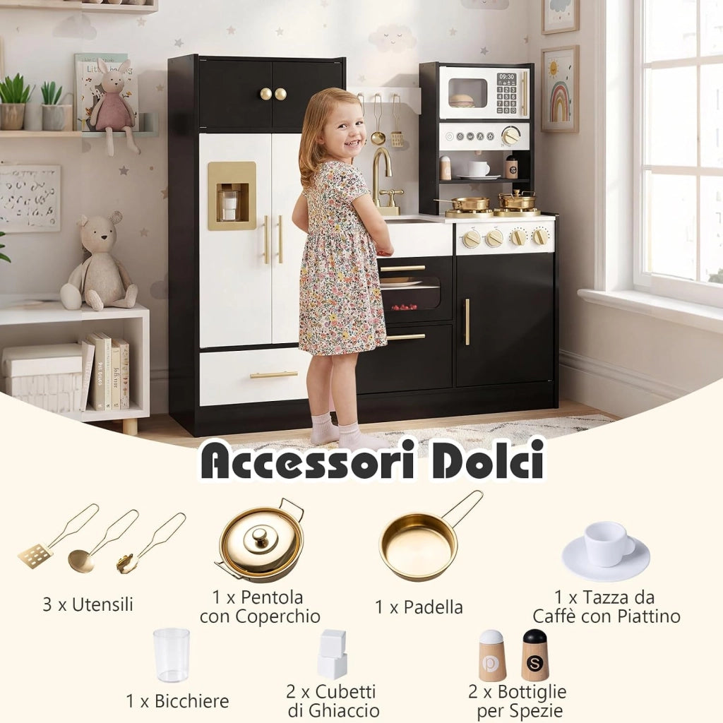 Cucina Giocattolo per Bambini, Set Cucinetta in Legno con Luci e Suoni Realistici, Fornelli, Lavello, Rubinetto, Forno, Microonde, Macchina del Caffè, Gioco di Finzione Chef per Bambini 3+