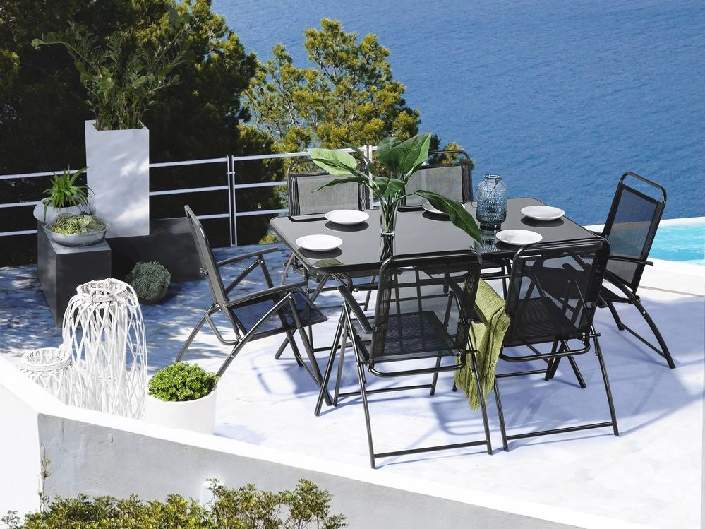 Set da pranzo all'aperto da 7 pezzi Tavolo Nero a 6 posti Sedie pieghevoli Giardino moderno