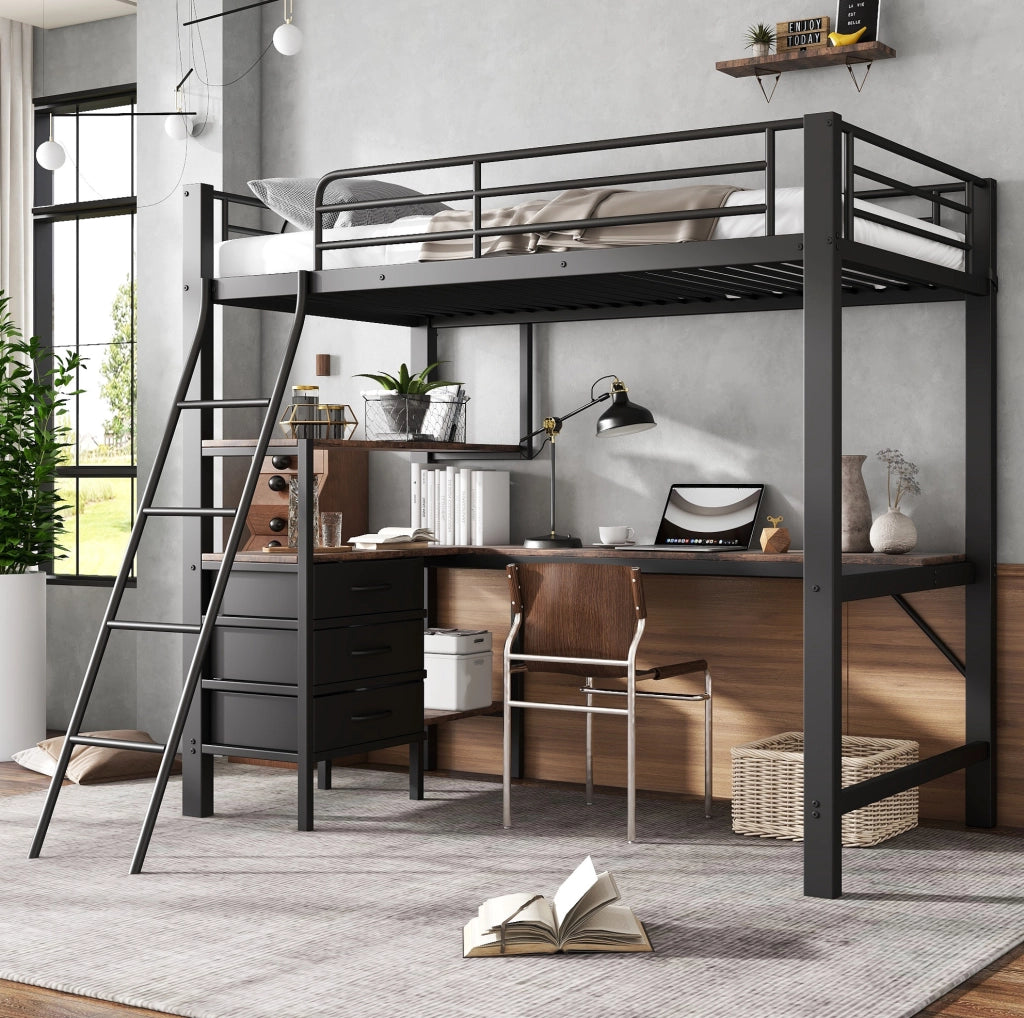 Letto a soppalco in metallo 90x200 cm con scrivania da 2 m, 3 cassetti e scala