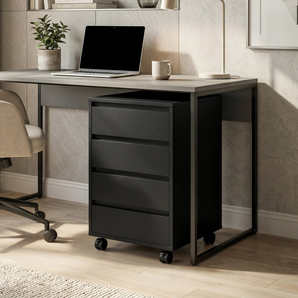 Scrivania con cassetti ¨C zephmum ¨C 4 cassetti in legno nero su ruote