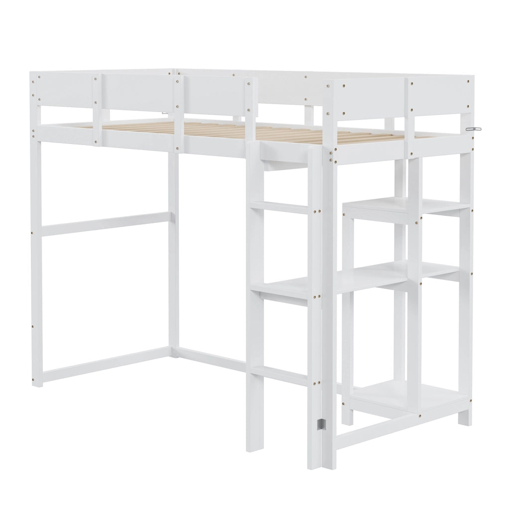 Letto a soppalco con ripiano 90 x 200 cm in legno massiccio di pino; bianco