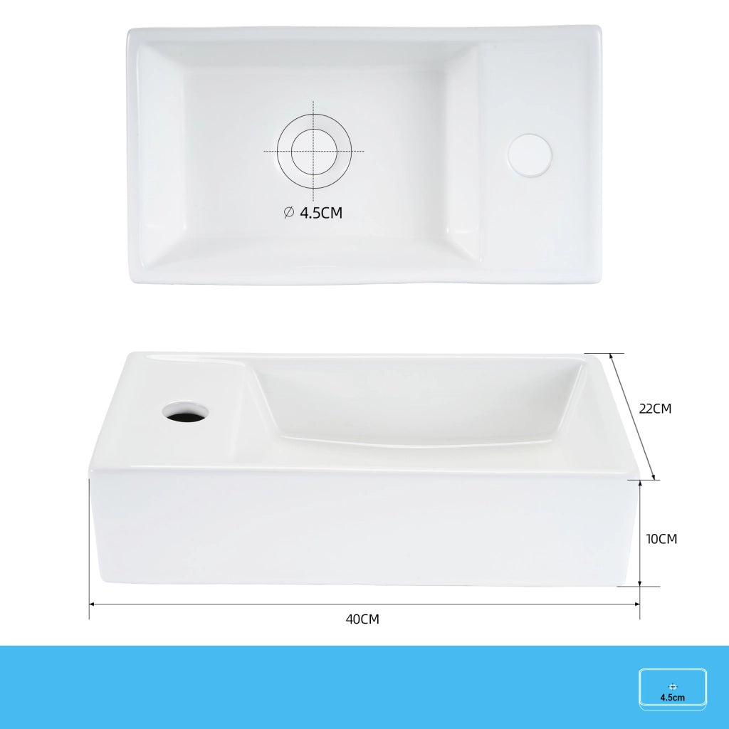 ZMH Lavabo da appoggio rettangolare in ceramica 40x22x10cm bianco lucido