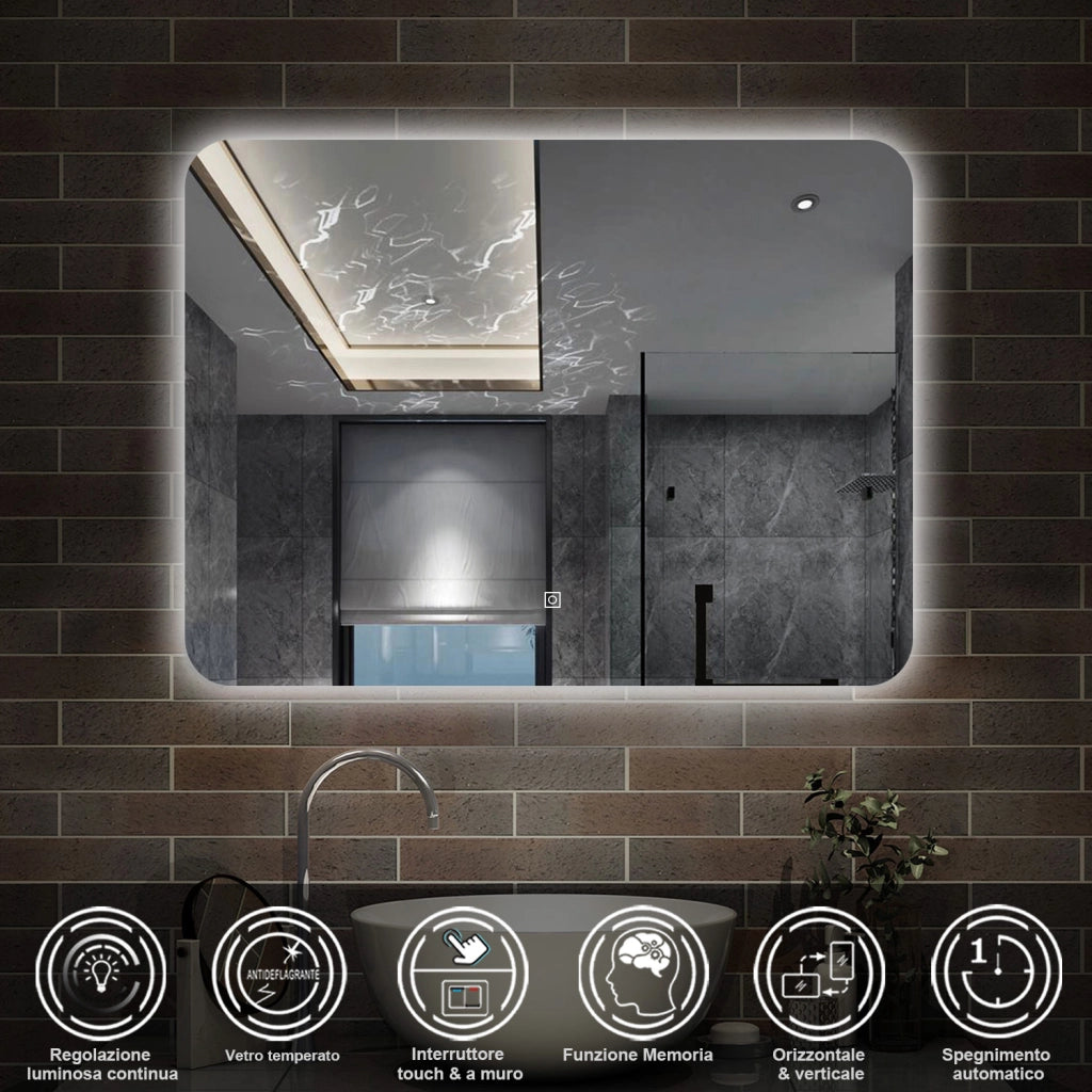 specchio 100 x 80 cm rettangolare con luce led e touch