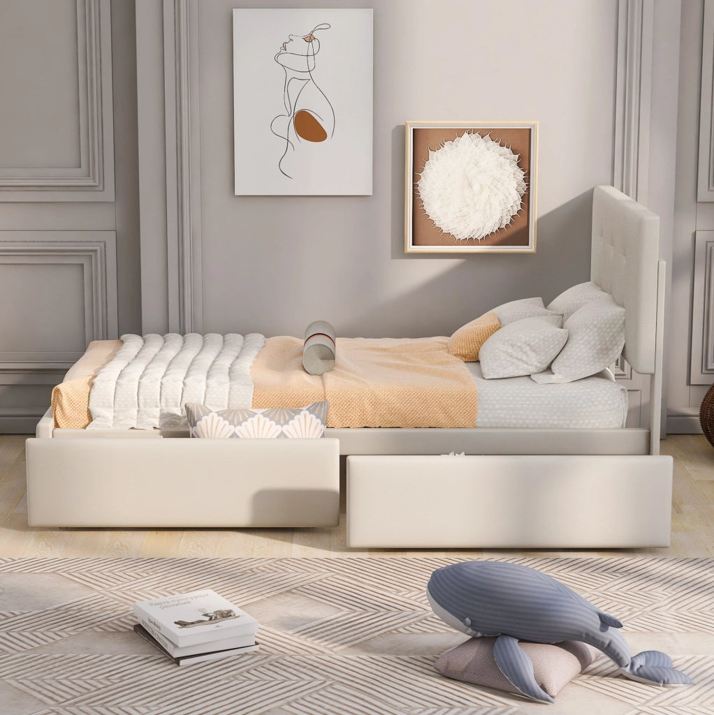 Letto imbottito 90 x 200 cm beige con rete a doghe, testiera e cassetto