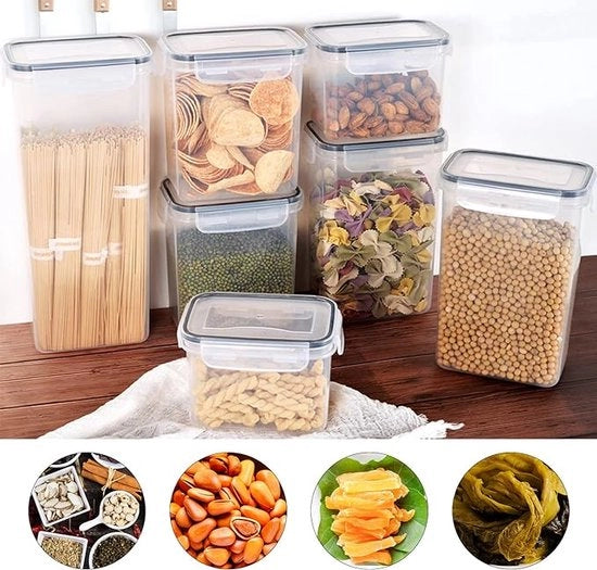 Scatole di conservazione con coperchio, 14 pezzi (7 contenitori + 7 coperchi), BPA libero, scatola di plastica per la dispensa, cucina, contenitore di conservazione per pasta, caffè in grani, farina, zucchero, cornflakes