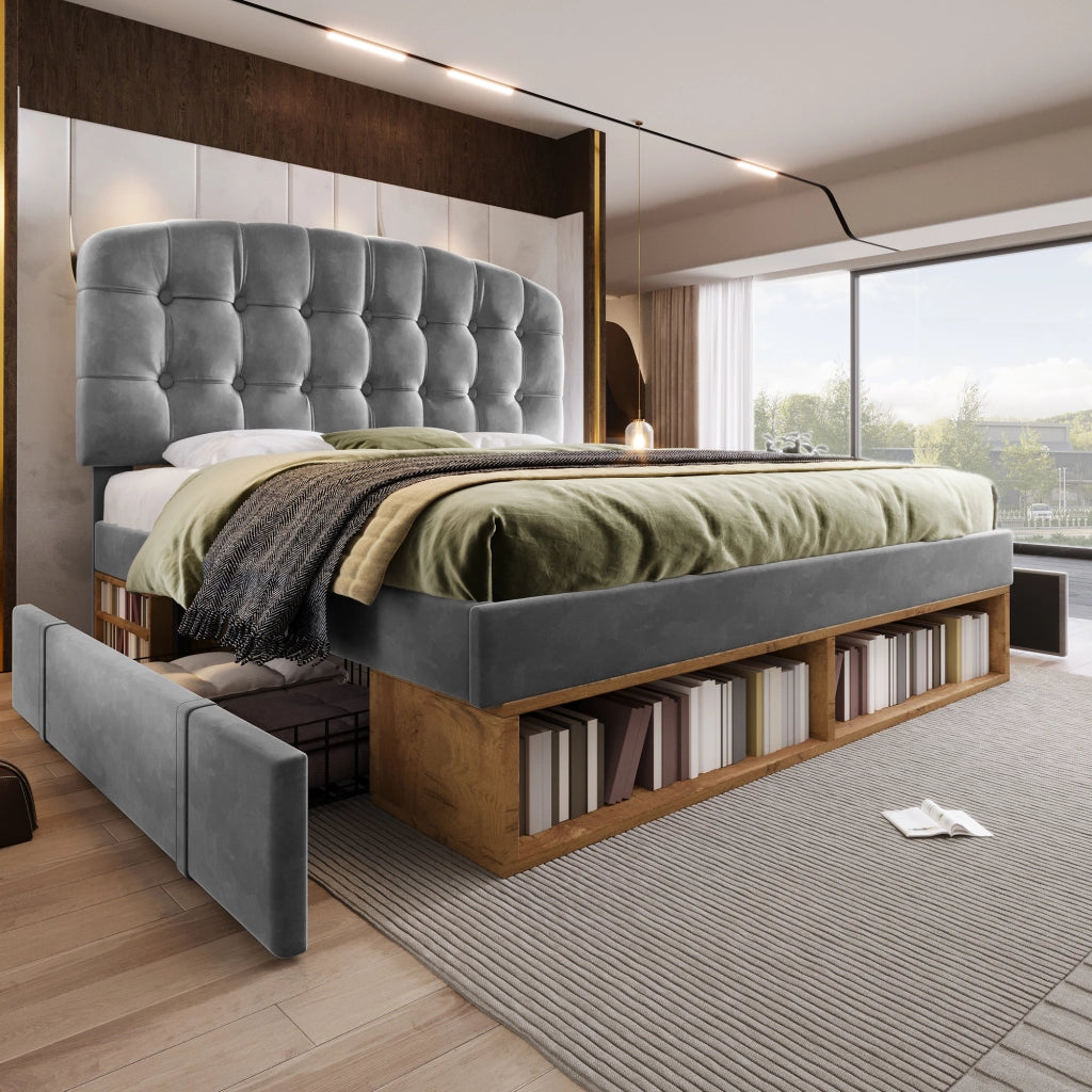 LETTO 140x200 cm in velluto grigio con testiera regolabile, cassetti e vani