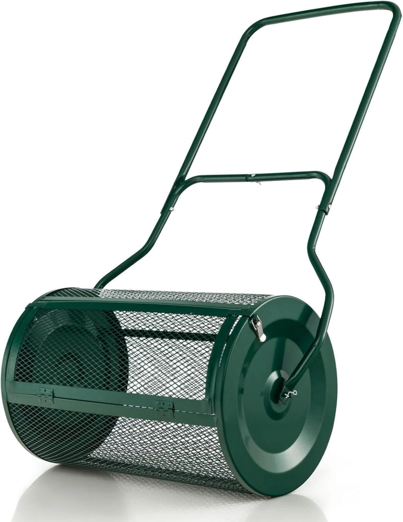 Rullo Spargiconcime Prato da 80L, Spargiconcime a Rullo Ø41 x 68 cm con Manico e Cestello in Rete Metallica, Spargiterriccio da Giardino per Concimazione e Semina (Verde)