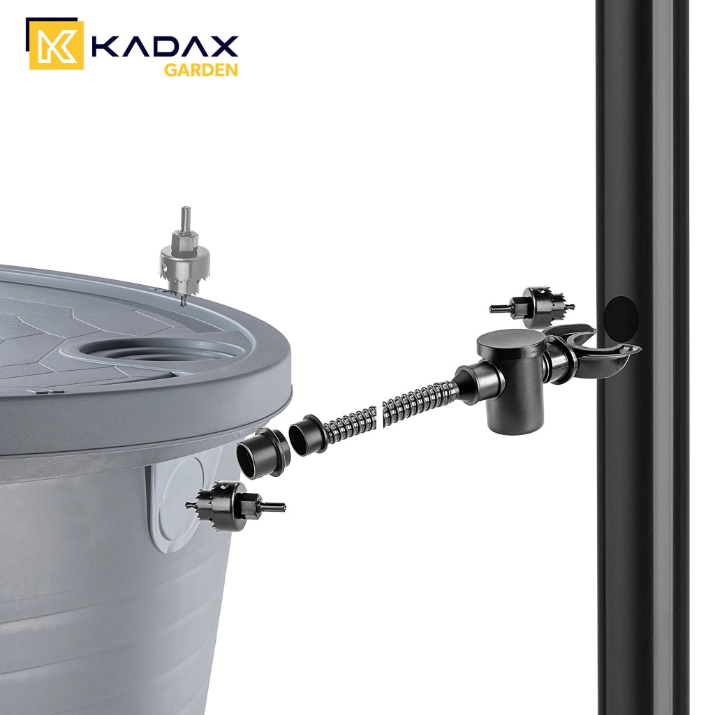 Serbatoio per acqua piovana KADAX 260L, kit di collegamento per barile d'acqua, base per rubinetto
