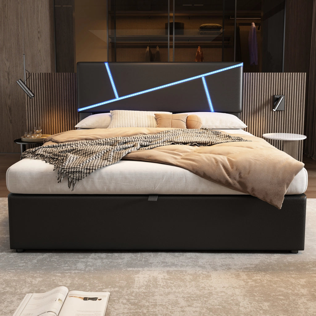 LETTO Contenitore 140x200 cm con LED PU Nero