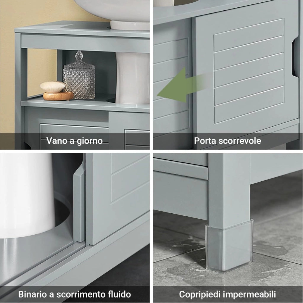 Mobile Bagno Sottolavabo Salvaspazio - Armadietto con 2 Ante Scorrevoli e Ripiano Aperto - Mobiletto Lavandino Compatto per Bagno Moderno Piccolo - Grigio, 60x30x60cm, FRG128-II-SG