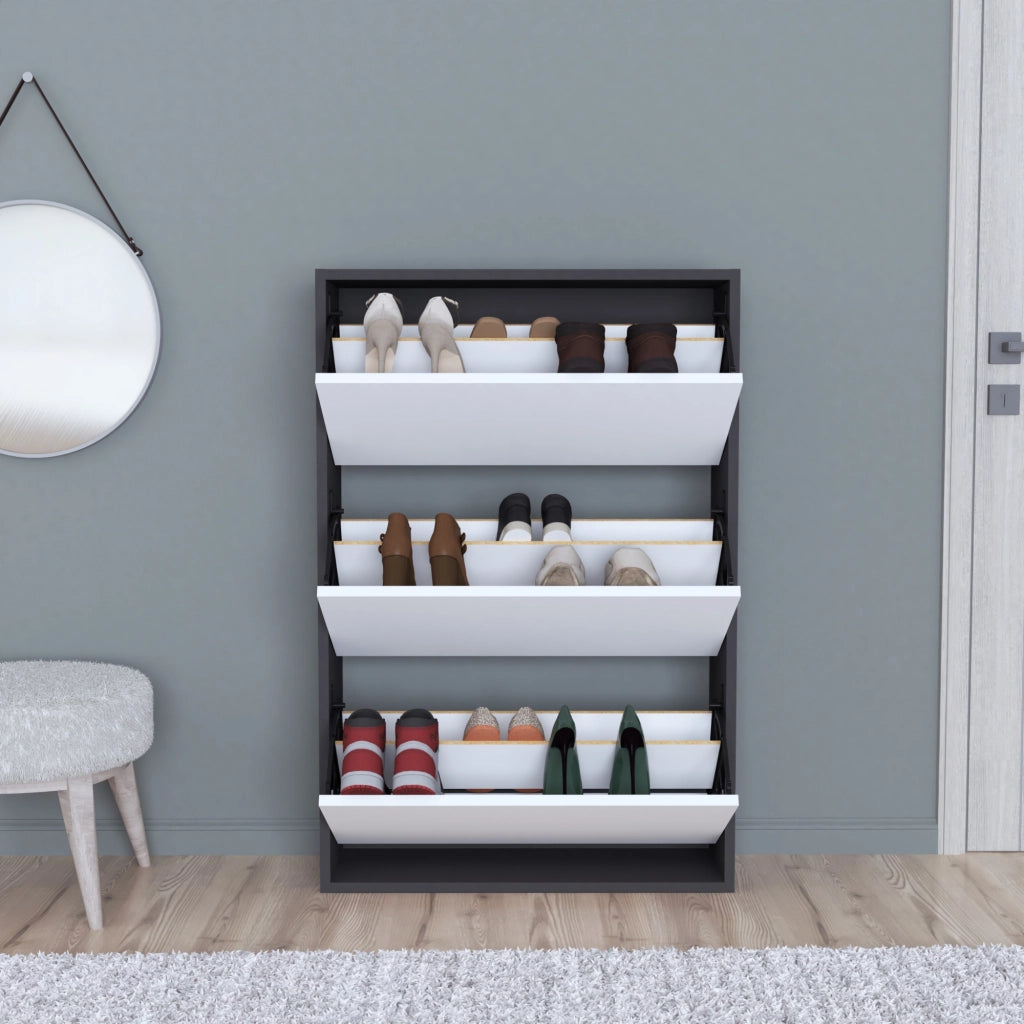 Scarpiera Salvaspazio Slim con 3 Contenitori Ribaltabili Portascarpe Stretto da Ingresso Capienza 18 Paia 110 x 73,5 x 24 cm - Antracite / Bianco [en.casa]
