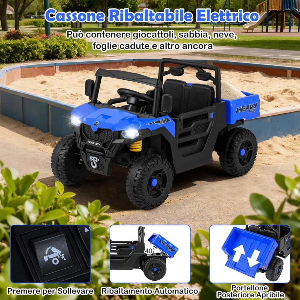 12V Macchina Elettrica per Bambini 2 Posti, Auto Elettrica con Cassone Ribaltabile, Telecomando, Musica, Storie, Luci LED e Sospensione a Molla, Giocattolo per Bambini 3-8 Anni (Blu Navy)