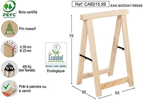 Astigarraga CAB015 Cavalletto pieghevole in pino massiccio grezzo 75x53x35 cm portata 400 Kg