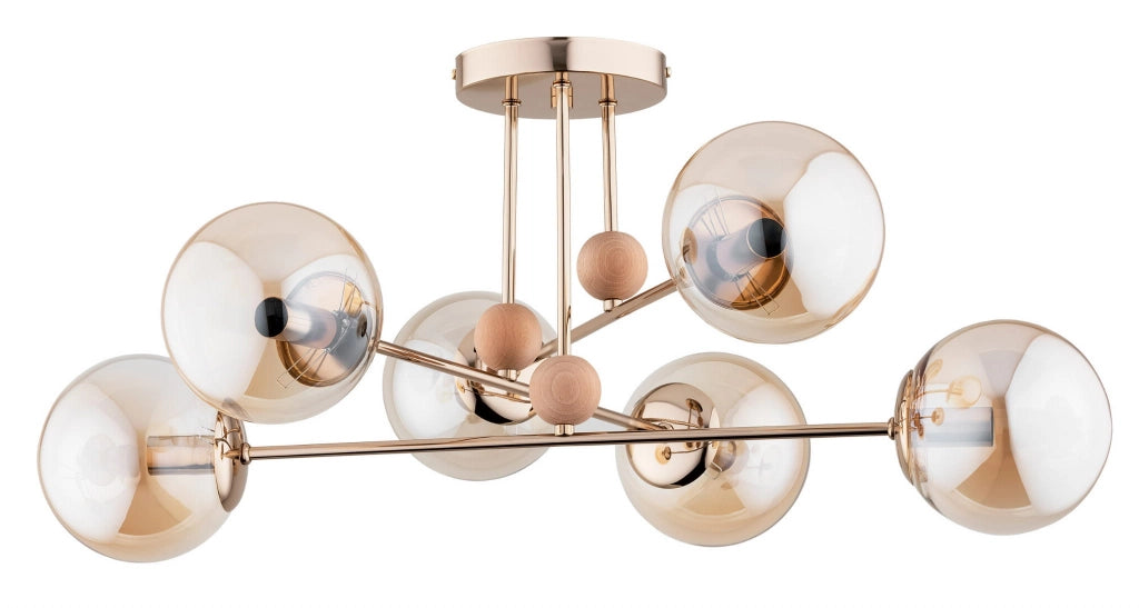 Lampadario OPTY 6xE14 oro sfere vetro ambra Alfa 63133