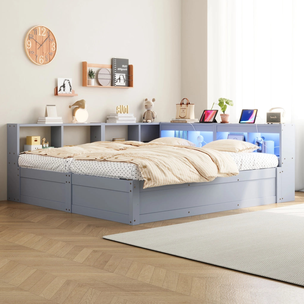 Letto multifunzione 90/180 x 200 cm grigio con LED e prese