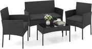 Set Salotto da Giardino 4 Pezzi, Divanetto da Esterno in Rattan PE con 2 Poltrone e Tavolino con Piano in Vetro Temperato, Cuscini Imbottiti, Telaio Metallo per Terrazzo e Balcone (Nero)