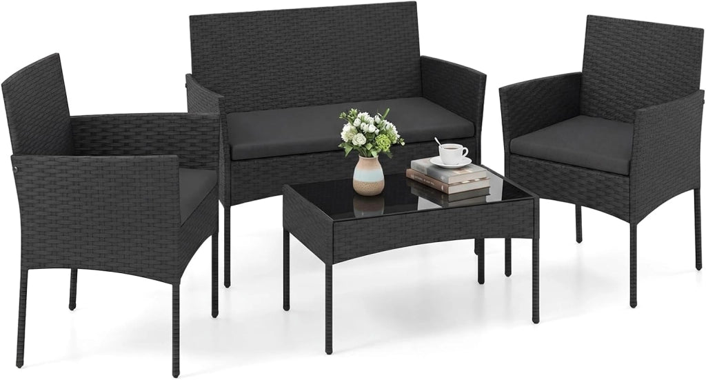Set Salotto da Giardino 4 Pezzi, Divanetto da Esterno in Rattan PE con 2 Poltrone e Tavolino con Piano in Vetro Temperato, Cuscini Imbottiti, Telaio Metallo per Terrazzo e Balcone (Nero)