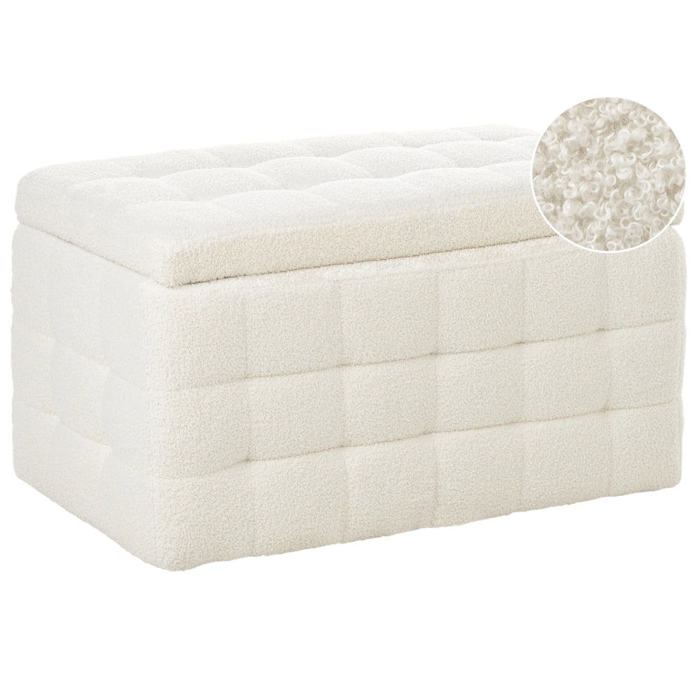 Panca per camera da letto con tappezzeria trapuntata in velluto bouclè bianco ottomana con contenitore