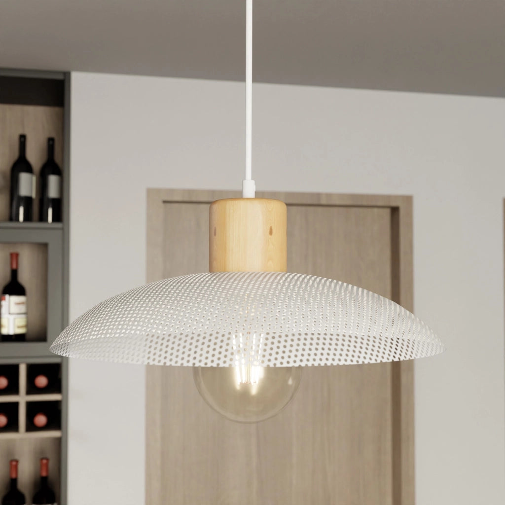 Sospensione Nordica Ishtar 1 Luce In Legno E Acciaio Bianco