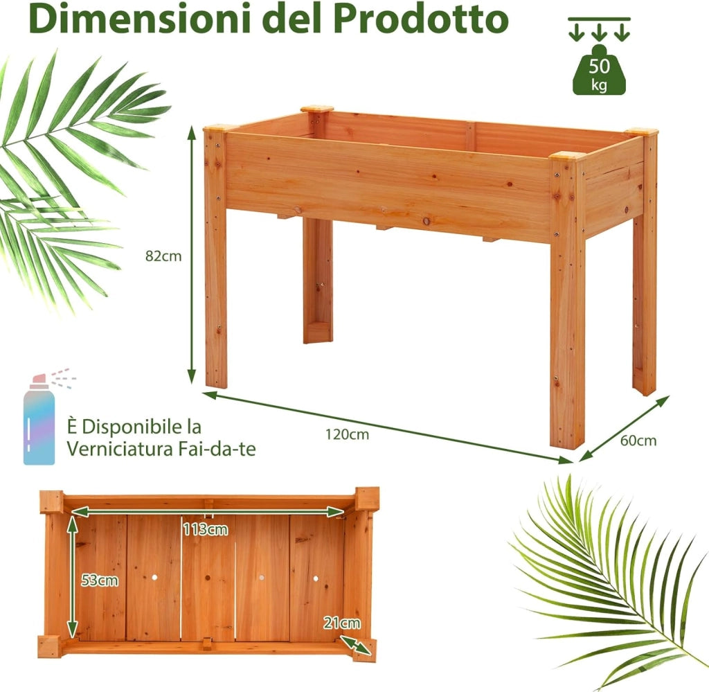 Letto per Orto Rialzato da Esterno in Legno di Abete, Fioriera Rialzata con Fori di Drenaggio, Letto per Piante Urbano da Giardino e Patio, 120 x 60 x 82 cm (Arancione)