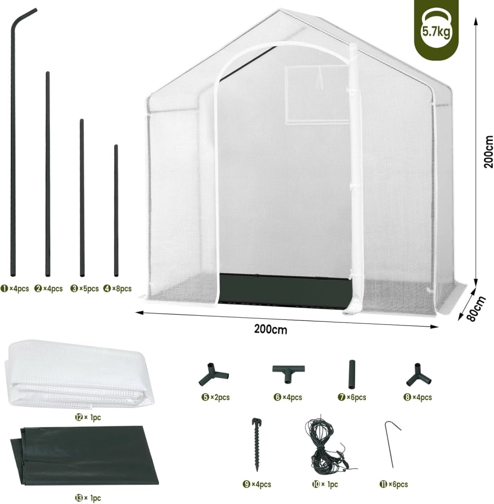 Serra da Giardino con Porte Avvolgibili, Serra da Balcone con Base in tessuto PE nero, Telo per Serra in Rete PE 140g/m2, Serra per Piante Impermeabile, 4 Picchetti, 200x80x200cm, Bianco
