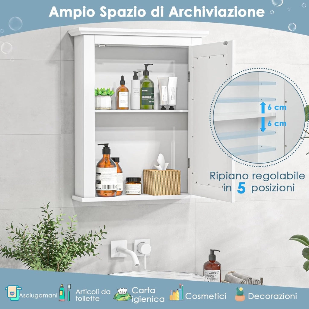 Armadietto Armadio a Specchio da Bagno, Arredo Specchio a Parete Mobiletto da Muro in Legno, Ripiani Regolabili, 56x14x69 cm (Bianco)