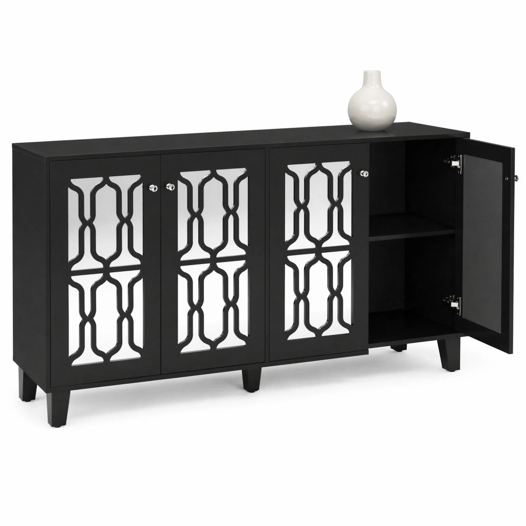 Credenza nera a specchio 160 cm con 4 ante e ripiani mobili