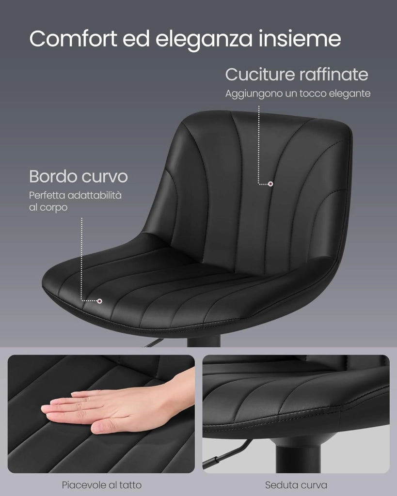 VASAGLE Sgabelli da Bar, Schienale, Sedie da Bar Regolabili in Altezza, Girevoli a 360°, Poggiapiedi Metallo, Sala da Pranzo Cucina, PU, Set di 2, Nero Inchiostro LJB181BH01