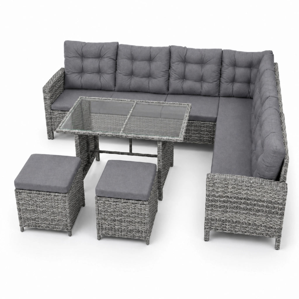 Salotto Da Giardino In Polyrattan Angolare Con Due Pouf Tavolino Con Doppio Ripiano In Vetro E Morbidi Cuscini Arredo Moderno Per Patio Balcone Veranda Piscina E Outdoor Grigio
