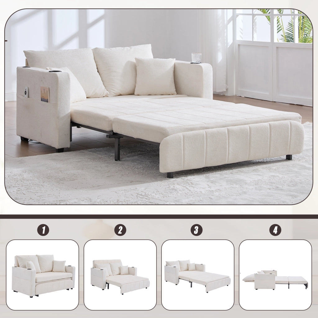 OKWISH Divano Letto 2 Posti, Funzione Letto con Tasca Laterale e Portabicchieri, Ciniglia, Beige, 139 x 83 x 58 cm