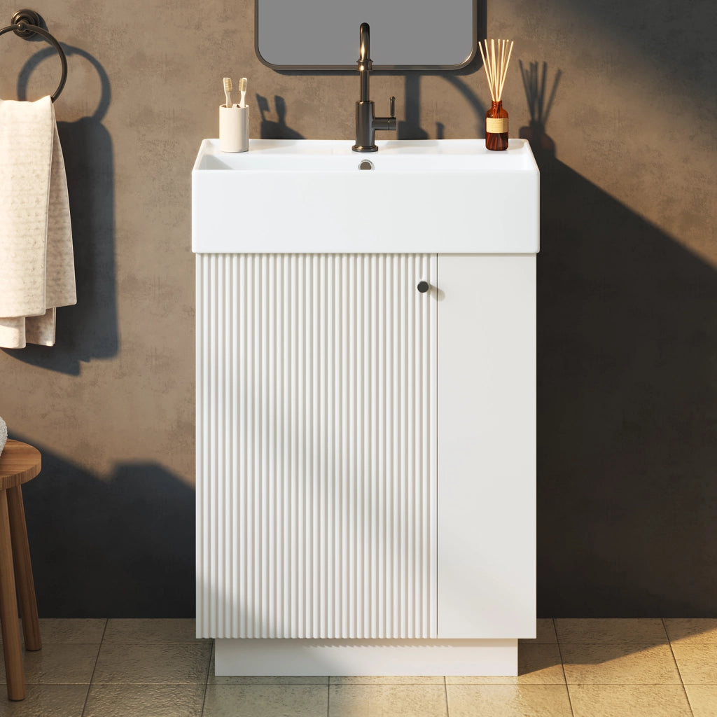 Mobile lavabo da bagno 55 cm freestanding con lavandino in ceramica, porta soft-close e porta carta igienica rimovibile, bianco