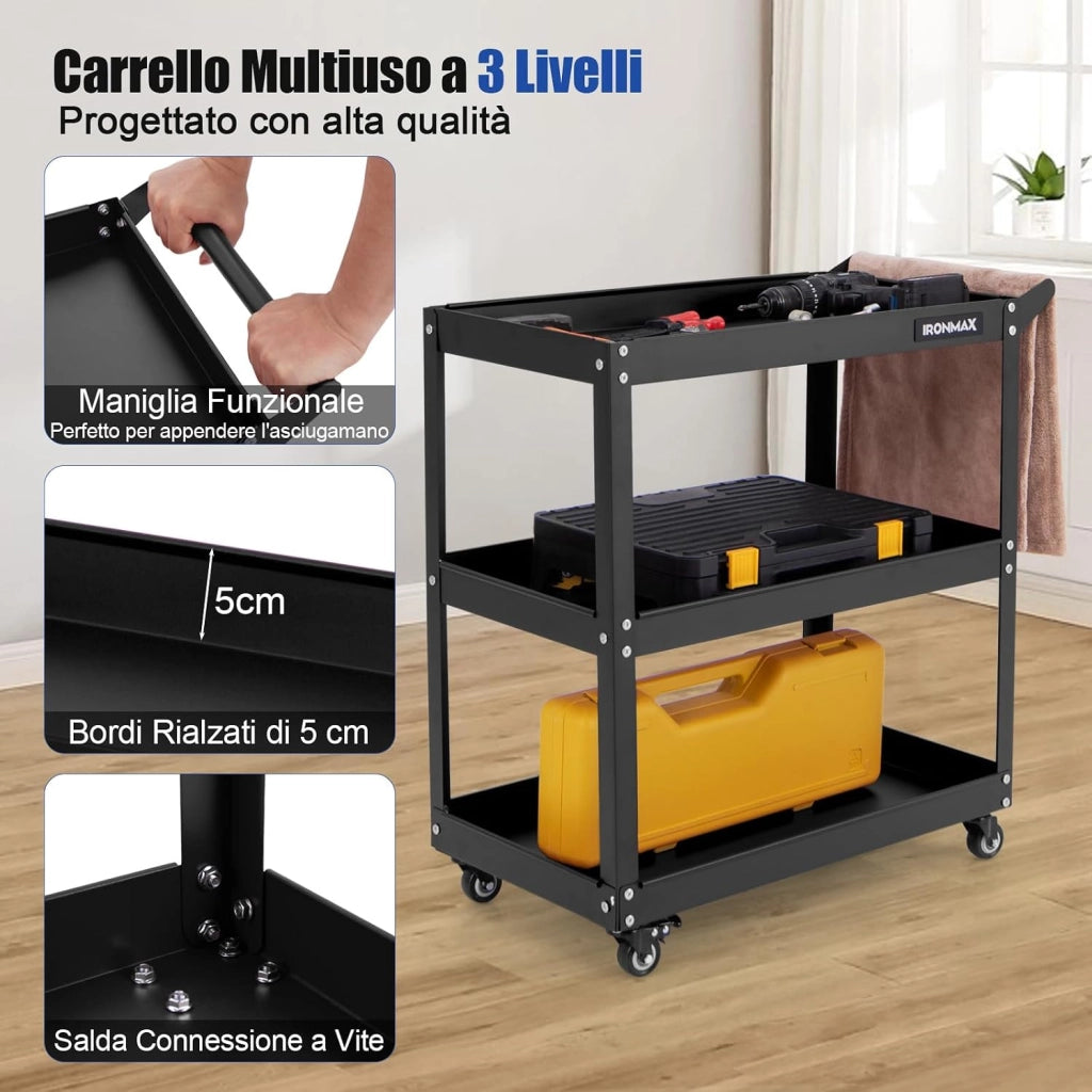 Carrello Portautensili a 3 Livelli, Carrello Metallico Resistente con 3 Ripiani, 4 Ruote Universali con 2 Freni, per Garage, Casa, Magazzino, 73 x 36 x 75 cm (Nero)