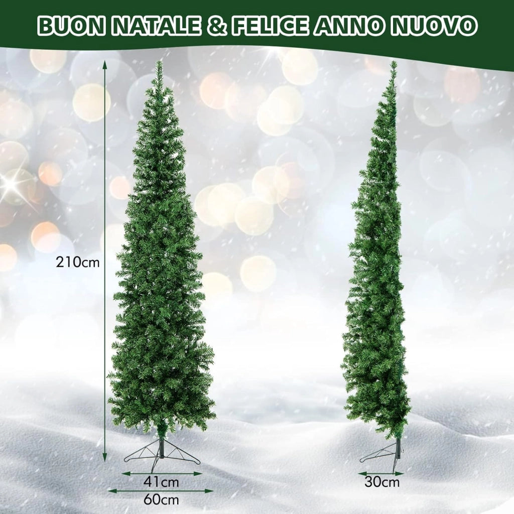 Albero di Natale Mezzo 210 cm, Albero di Natale Artificiale Metà con 150 Luci LED, 450 Rami Folti e Base Pieghevole in Metallo, Ideale per Casa, Ufficio, Negozi e Hotel, Verde