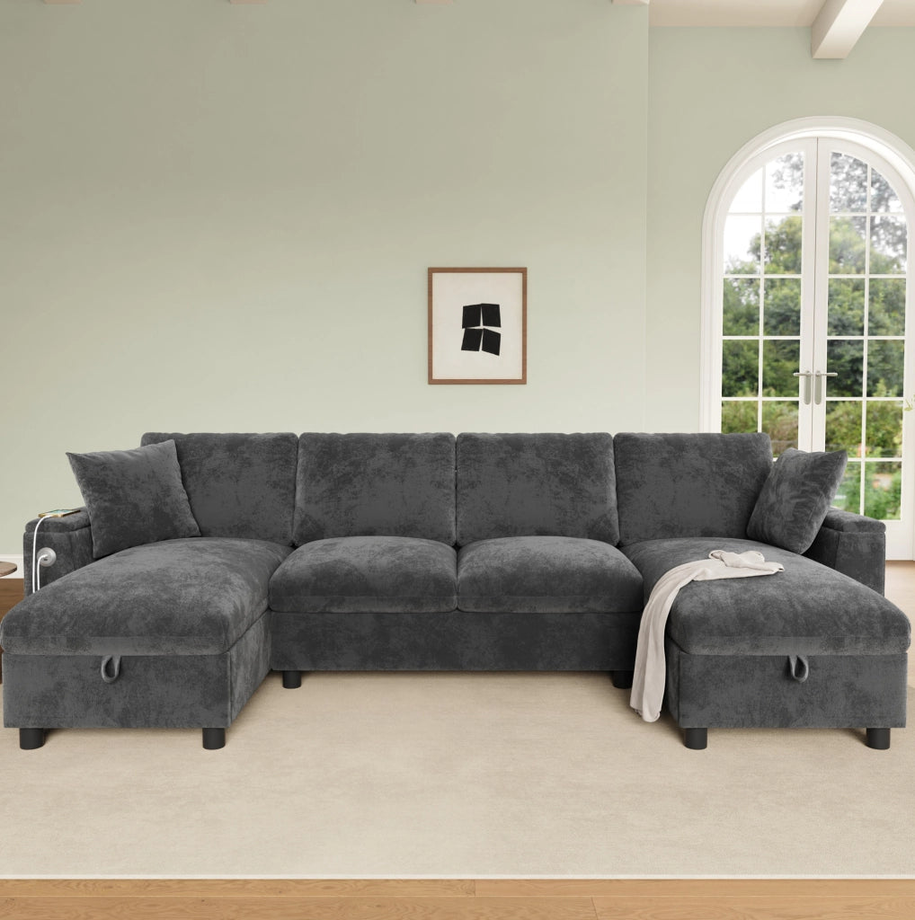 Divano a U in ciniglia con vano contenitore; USB e Type-C; 279x135x84 cm; grigio