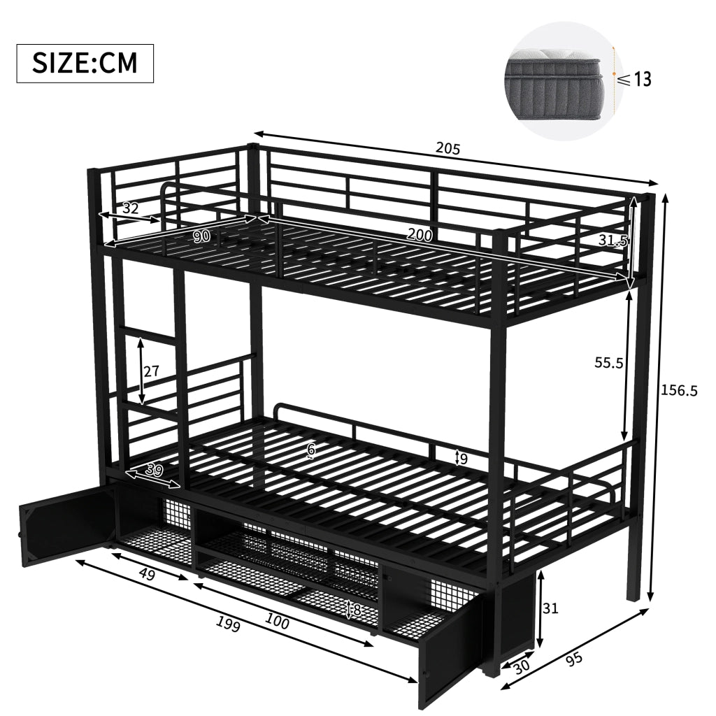 Letto a Castello 90x200 cm; Letto Singolo - Con Scarpiera; Scaletta; Sponda; in Metallo Nero