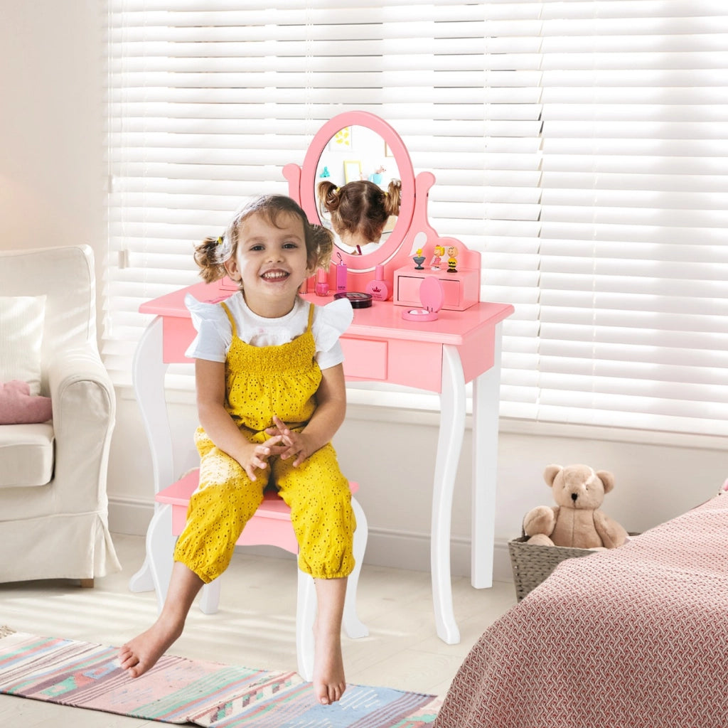 Set toeletta per bambini con specchio girevole a 360¡ã e 3 cassetti, Set tavolo da trucco e sgabello Rosa-Toelette per bimbi