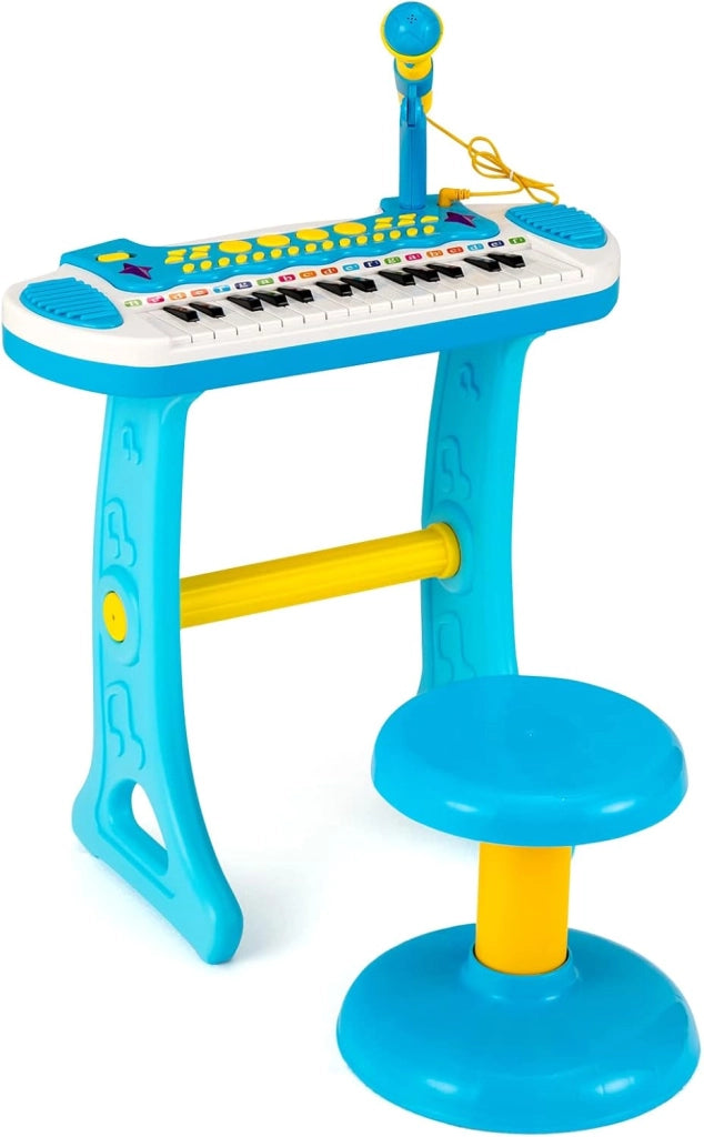 Pianola Bambini Musicale Tastiera, Tastiera Digitale a 31 Tasti, Mini Tastiera per Bambini con Effetti Luminosi e Microfono, Strumenti Musicali con Sgabello, 22 Battiti/8 Toni/7 Ritmi (Rosa)