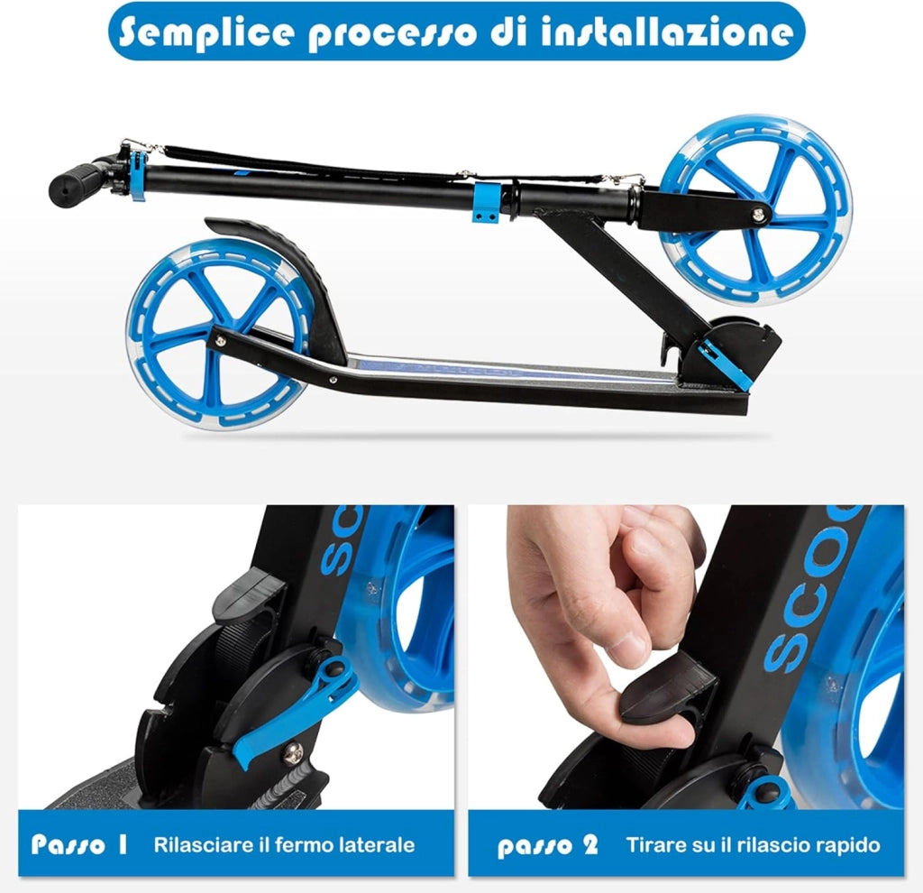 Scooter Monopattino Altezza Regolabile, Ruote Luminose, per Bambini e Adulti, Capacità di Carico 100kg, Alluminio, 10+ Anni