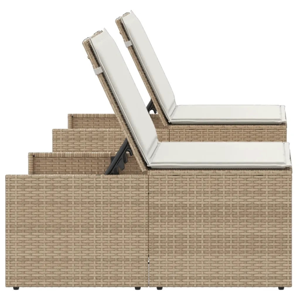Lettini prendisole 2 pz con tavolo beige in polyrattan 368426