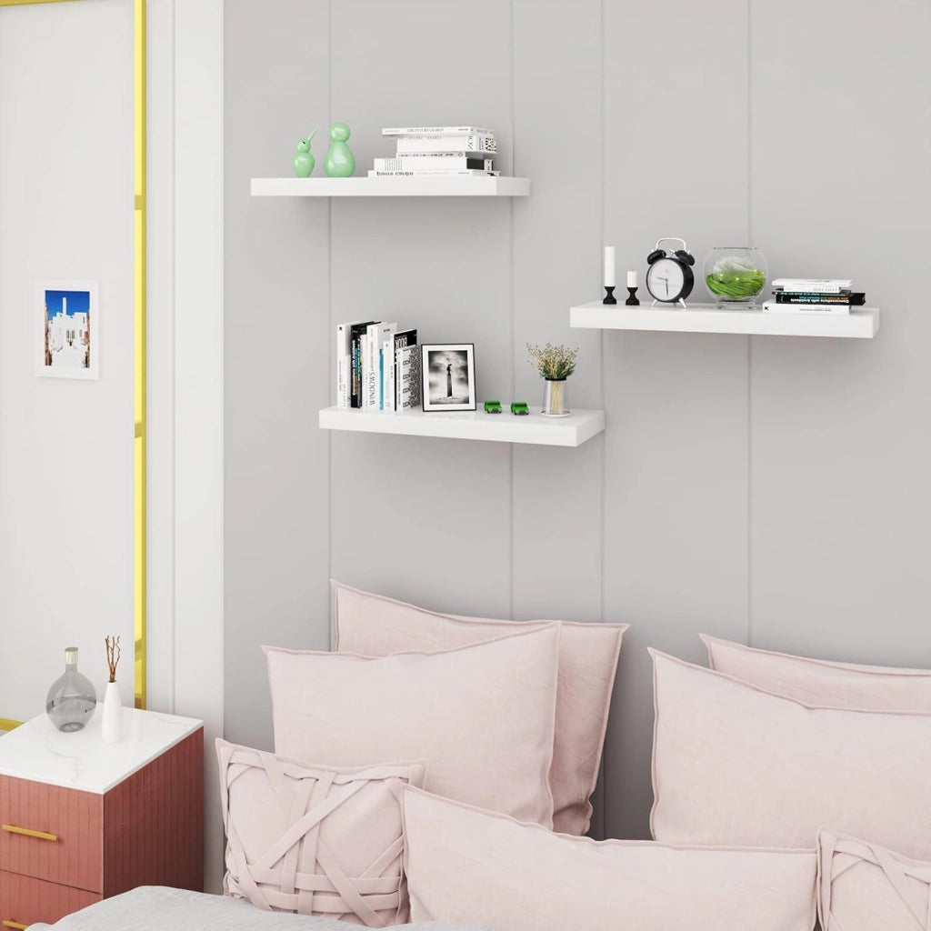 Mensola da Muro, Set di 3, Scaffale Sospeso da Parete Libreria Piccola per Soggiorno Cameretta Porta CD DVD, Pannello MDF 90x22,9x3,8cm, Bianco, RG9481ws-3