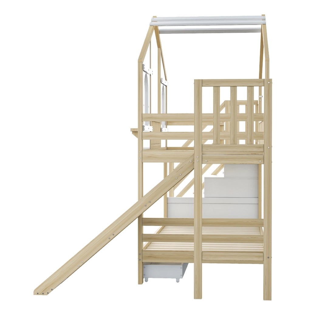 OKWISH Letto a Castello 90×200 cm, Letto Singolo con Scivolo, Scala con Contenitore, Cassetti e Ripiani, senza Materasso, Bianco e Legno
