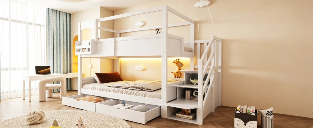 Letto a castello per bambini a forma di casa con lavagna, scala e cassetti, 90x200 cm, bianco