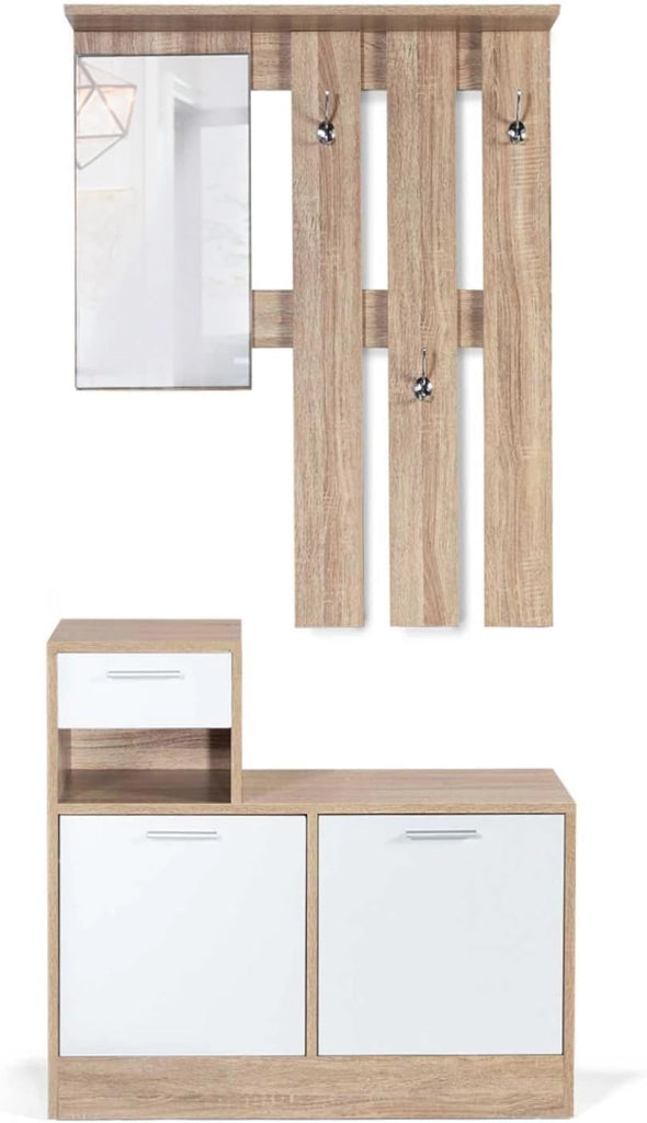 Mobile da ingresso, appendiabiti con specchio, design in legno faggio e ante bianco PAULIN