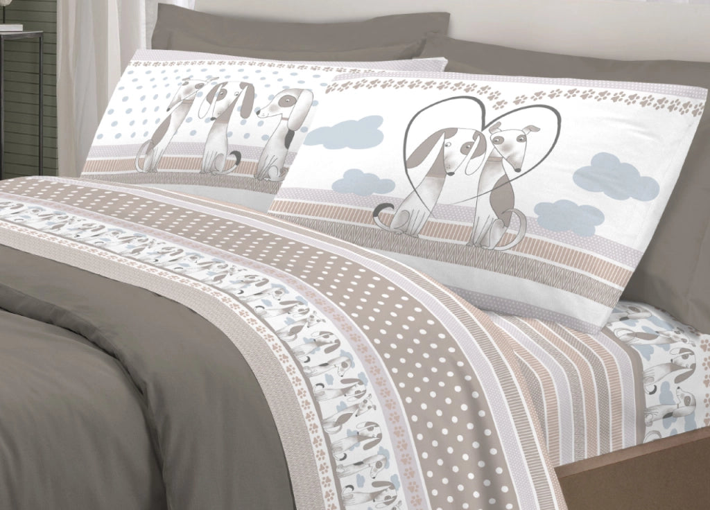 Completo Lenzuola Letto Pensieri Delicati 100% Cotone Dis. Bau Bau - Matrimoniale - Grigio